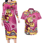 Brisbane Broncos Couples Matching Long Sleeve Bodycon Dress and Hawaiian Shirt Aboriginal Dot Pattern - Rugby Mascot Heritage Pride