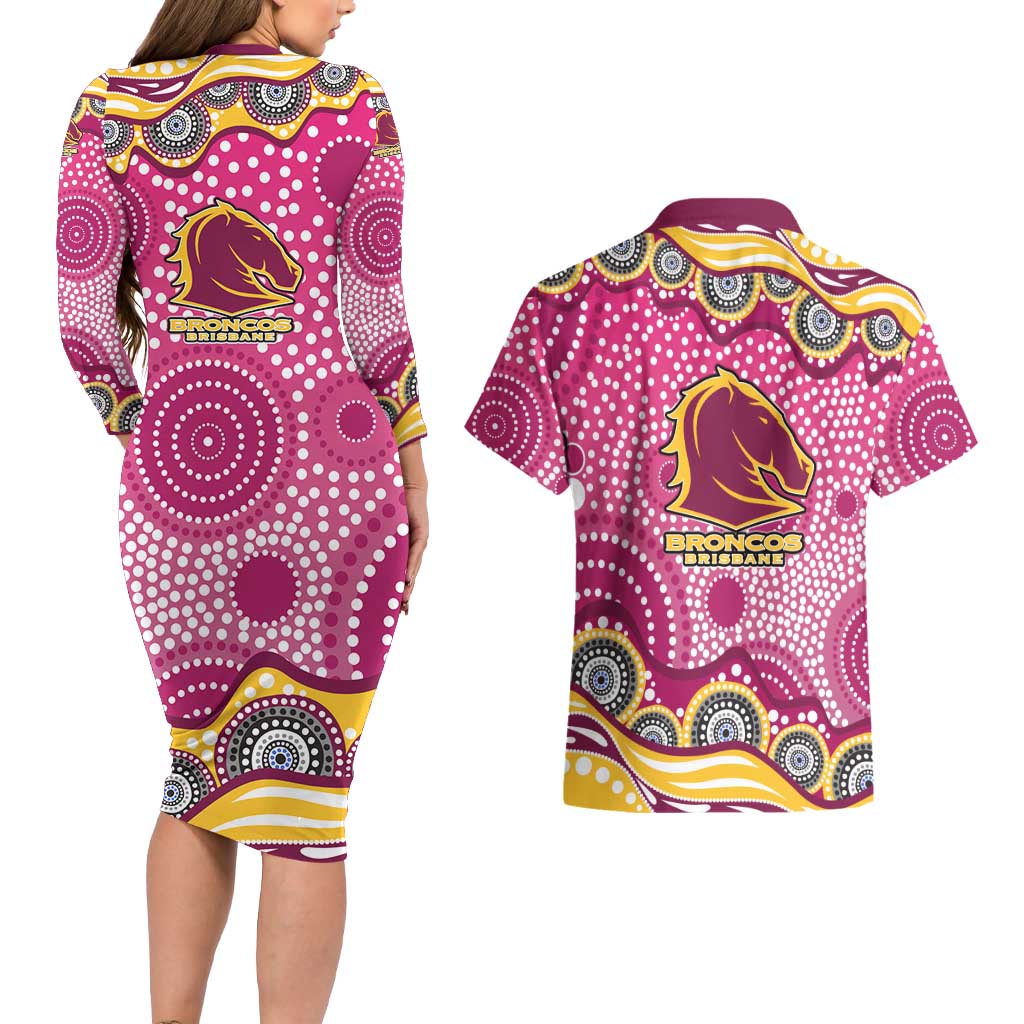 Brisbane Broncos Couples Matching Long Sleeve Bodycon Dress and Hawaiian Shirt Aboriginal Dot Pattern - Rugby Mascot Heritage Pride