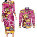Brisbane Broncos Couples Matching Long Sleeve Bodycon Dress and Long Sleeve Button Shirt Aboriginal Dot Pattern - Rugby Mascot Heritage Pride
