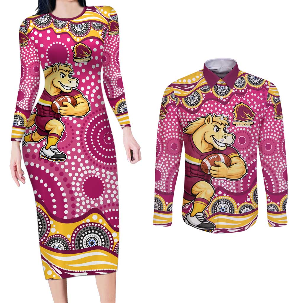 Brisbane Broncos Couples Matching Long Sleeve Bodycon Dress and Long Sleeve Button Shirt Aboriginal Dot Pattern - Rugby Mascot Heritage Pride