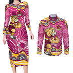 Brisbane Broncos Couples Matching Long Sleeve Bodycon Dress and Long Sleeve Button Shirt Aboriginal Dot Pattern - Rugby Mascot Heritage Pride