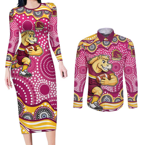 Brisbane Broncos Couples Matching Long Sleeve Bodycon Dress and Long Sleeve Button Shirt Aboriginal Dot Pattern - Rugby Mascot Heritage Pride
