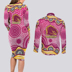 Brisbane Broncos Couples Matching Long Sleeve Bodycon Dress and Long Sleeve Button Shirt Aboriginal Dot Pattern - Rugby Mascot Heritage Pride