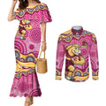 Brisbane Broncos Couples Matching Mermaid Dress and Long Sleeve Button Shirt Aboriginal Dot Pattern - Rugby Mascot Heritage Pride
