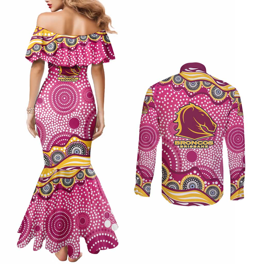 Brisbane Broncos Couples Matching Mermaid Dress and Long Sleeve Button Shirt Aboriginal Dot Pattern - Rugby Mascot Heritage Pride