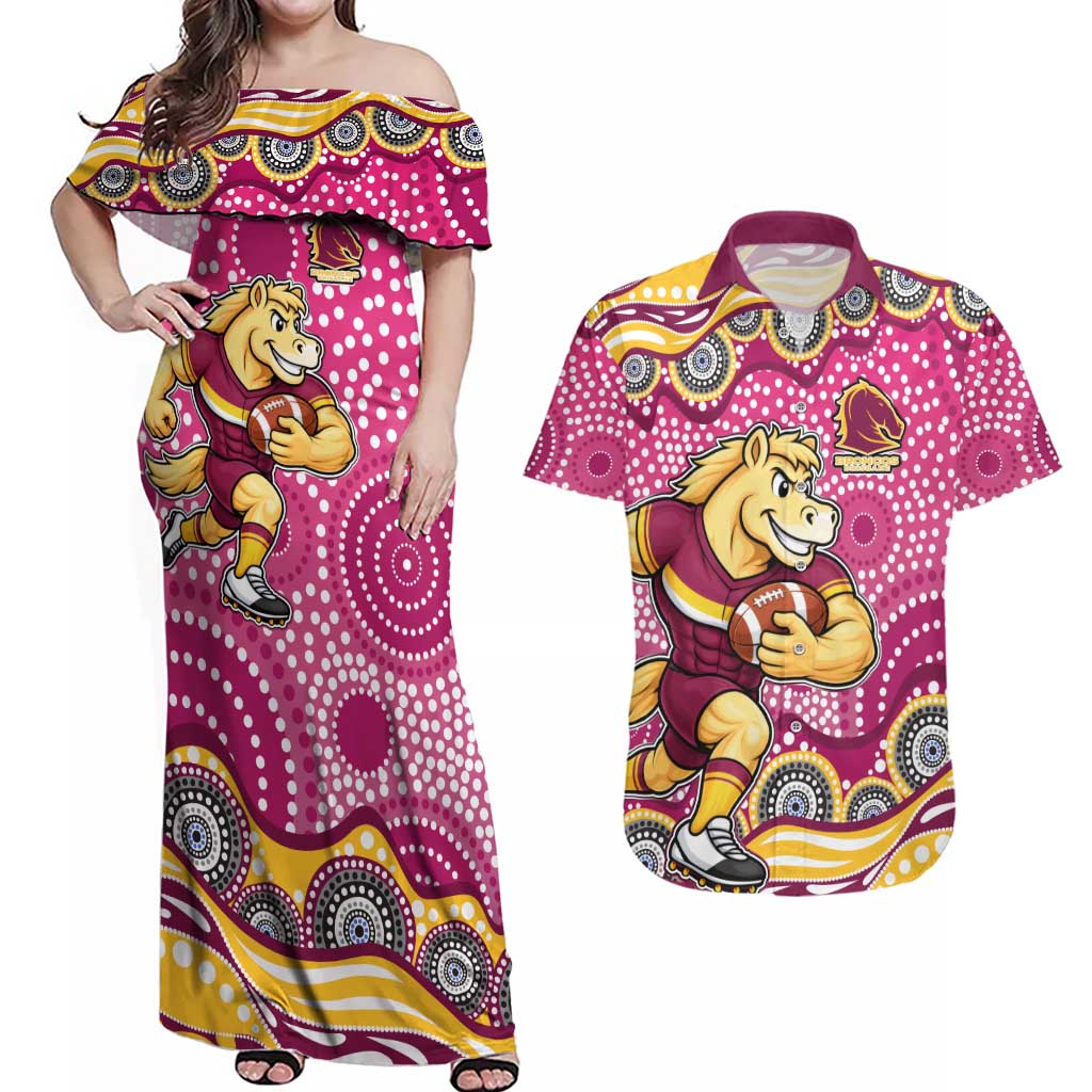 Brisbane Broncos Couples Matching Off Shoulder Maxi Dress and Hawaiian Shirt Aboriginal Dot Pattern - Rugby Mascot Heritage Pride