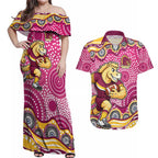 Brisbane Broncos Couples Matching Off Shoulder Maxi Dress and Hawaiian Shirt Aboriginal Dot Pattern - Rugby Mascot Heritage Pride