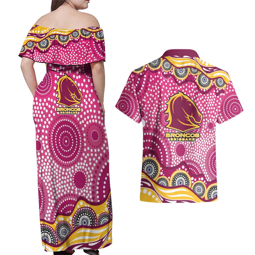 Brisbane Broncos Couples Matching Off Shoulder Maxi Dress and Hawaiian Shirt Aboriginal Dot Pattern - Rugby Mascot Heritage Pride