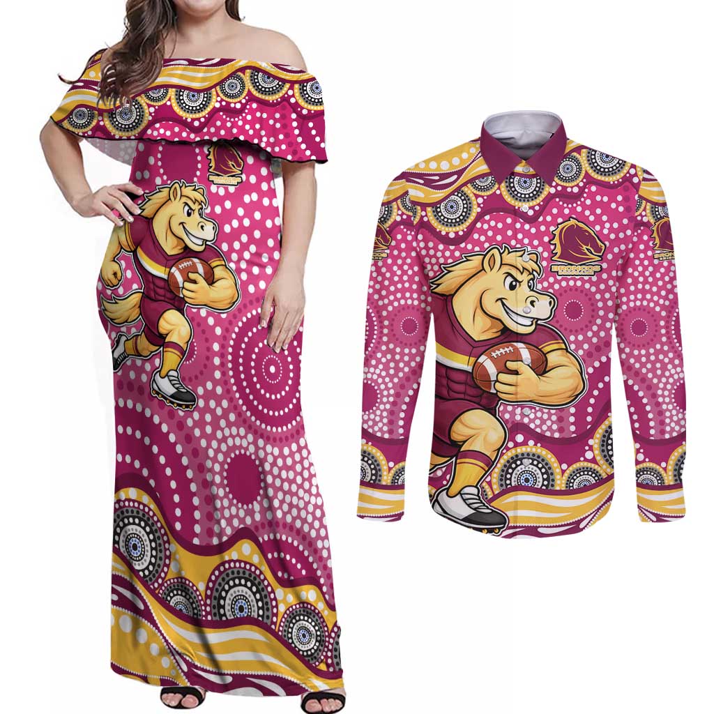 Brisbane Broncos Couples Matching Off Shoulder Maxi Dress and Long Sleeve Button Shirt Aboriginal Dot Pattern - Rugby Mascot Heritage Pride