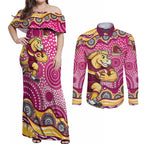 Brisbane Broncos Couples Matching Off Shoulder Maxi Dress and Long Sleeve Button Shirt Aboriginal Dot Pattern - Rugby Mascot Heritage Pride