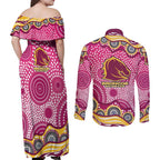 Brisbane Broncos Couples Matching Off Shoulder Maxi Dress and Long Sleeve Button Shirt Aboriginal Dot Pattern - Rugby Mascot Heritage Pride