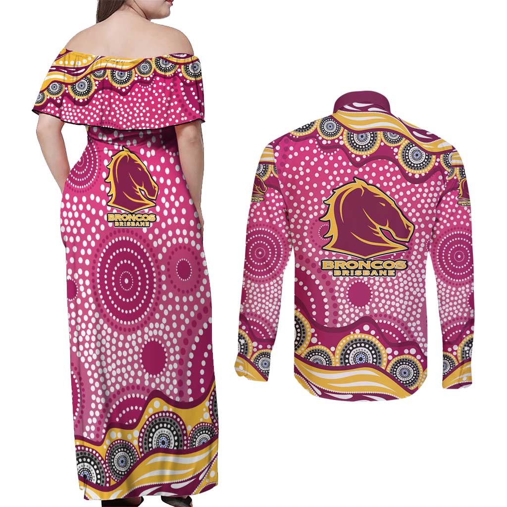 Brisbane Broncos Couples Matching Off Shoulder Maxi Dress and Long Sleeve Button Shirt Aboriginal Dot Pattern - Rugby Mascot Heritage Pride