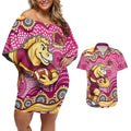 Brisbane Broncos Couples Matching Off Shoulder Short Dress and Hawaiian Shirt Aboriginal Dot Pattern - Rugby Mascot Heritage Pride