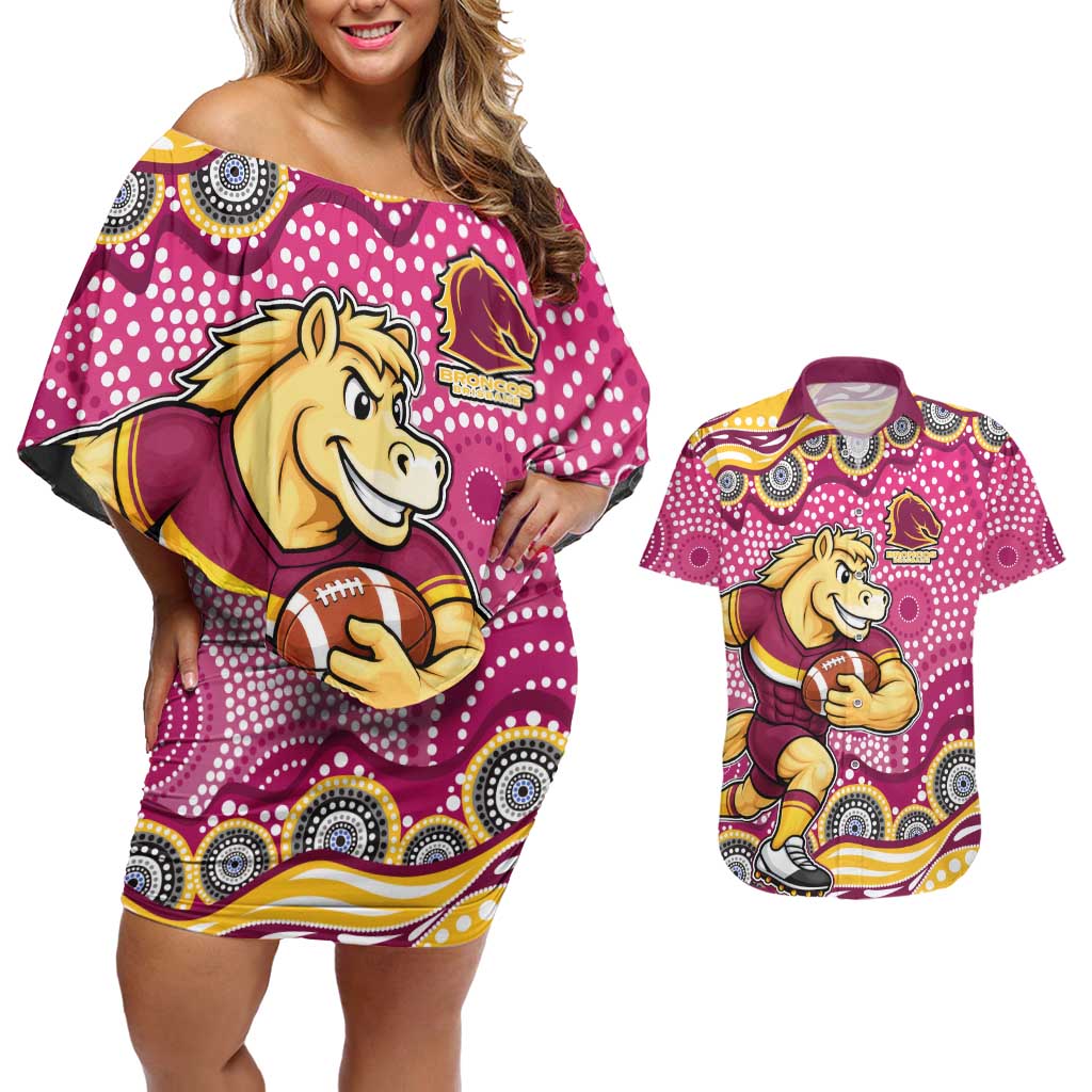 Brisbane Broncos Couples Matching Off Shoulder Short Dress and Hawaiian Shirt Aboriginal Dot Pattern - Rugby Mascot Heritage Pride