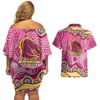 Brisbane Broncos Couples Matching Off Shoulder Short Dress and Hawaiian Shirt Aboriginal Dot Pattern - Rugby Mascot Heritage Pride