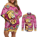 Brisbane Broncos Couples Matching Off Shoulder Short Dress and Long Sleeve Button Shirt Aboriginal Dot Pattern - Rugby Mascot Heritage Pride