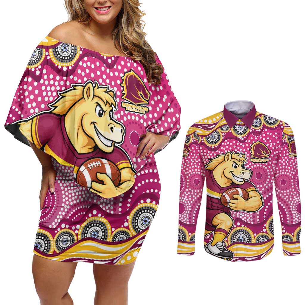 Brisbane Broncos Couples Matching Off Shoulder Short Dress and Long Sleeve Button Shirt Aboriginal Dot Pattern - Rugby Mascot Heritage Pride