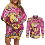 Brisbane Broncos Couples Matching Off Shoulder Short Dress and Long Sleeve Button Shirt Aboriginal Dot Pattern - Rugby Mascot Heritage Pride