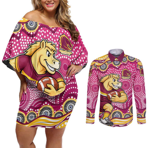 Brisbane Broncos Couples Matching Off Shoulder Short Dress and Long Sleeve Button Shirt Aboriginal Dot Pattern - Rugby Mascot Heritage Pride
