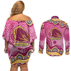 Brisbane Broncos Couples Matching Off Shoulder Short Dress and Long Sleeve Button Shirt Aboriginal Dot Pattern - Rugby Mascot Heritage Pride