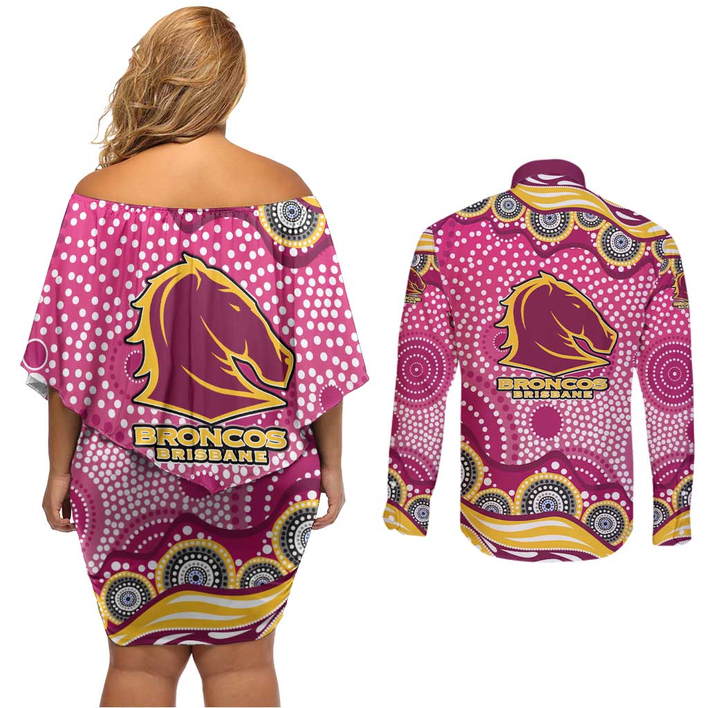 Brisbane Broncos Couples Matching Off Shoulder Short Dress and Long Sleeve Button Shirt Aboriginal Dot Pattern - Rugby Mascot Heritage Pride