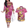 Brisbane Broncos Couples Matching Off The Shoulder Long Sleeve Dress and Hawaiian Shirt Aboriginal Dot Pattern - Rugby Mascot Heritage Pride