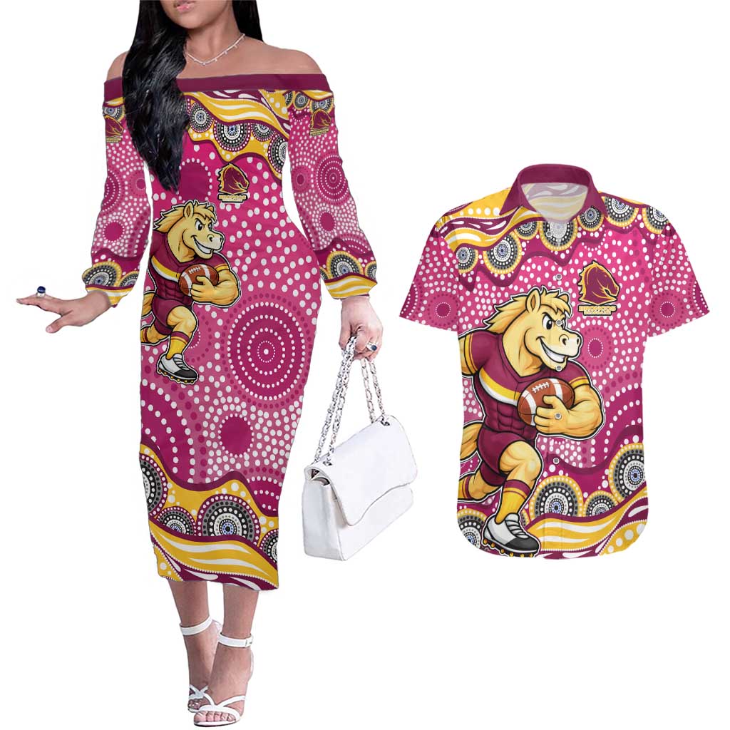 Brisbane Broncos Couples Matching Off The Shoulder Long Sleeve Dress and Hawaiian Shirt Aboriginal Dot Pattern - Rugby Mascot Heritage Pride