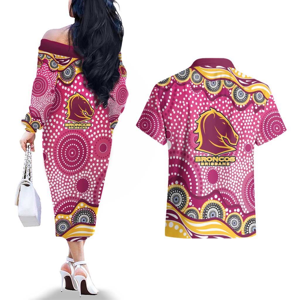 Brisbane Broncos Couples Matching Off The Shoulder Long Sleeve Dress and Hawaiian Shirt Aboriginal Dot Pattern - Rugby Mascot Heritage Pride