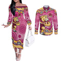 Brisbane Broncos Couples Matching Off The Shoulder Long Sleeve Dress and Long Sleeve Button Shirt Aboriginal Dot Pattern - Rugby Mascot Heritage Pride
