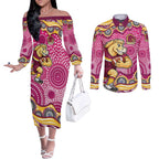 Brisbane Broncos Couples Matching Off The Shoulder Long Sleeve Dress and Long Sleeve Button Shirt Aboriginal Dot Pattern - Rugby Mascot Heritage Pride
