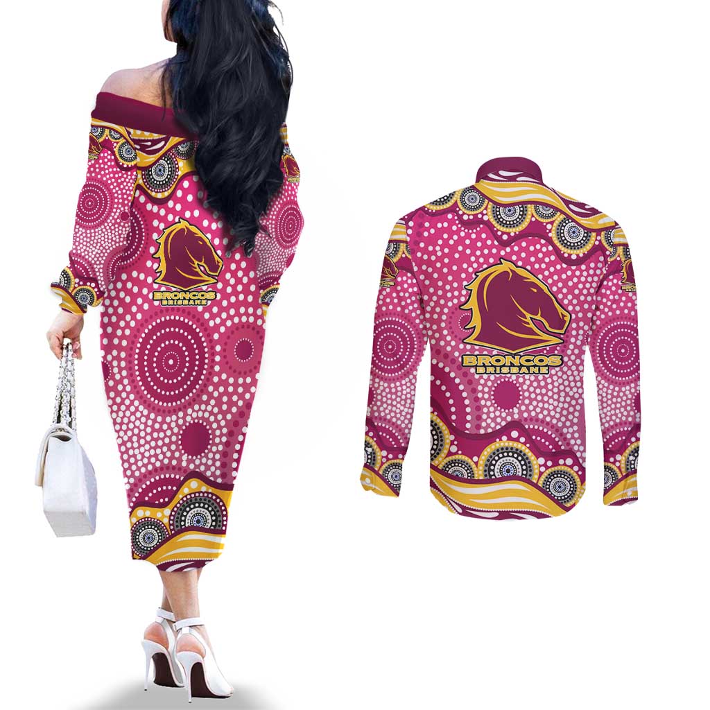 Brisbane Broncos Couples Matching Off The Shoulder Long Sleeve Dress and Long Sleeve Button Shirt Aboriginal Dot Pattern - Rugby Mascot Heritage Pride