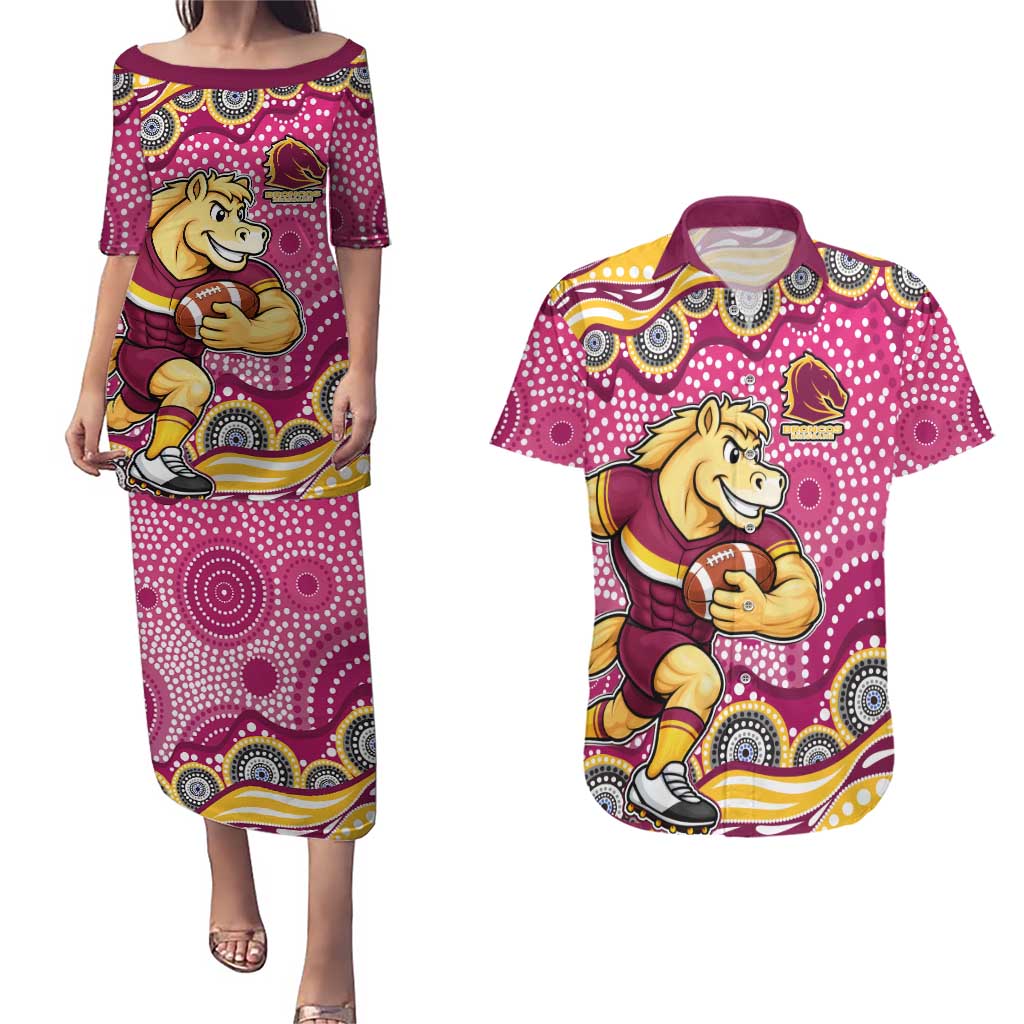 Brisbane Broncos Couples Matching Puletasi and Hawaiian Shirt Aboriginal Dot Pattern - Rugby Mascot Heritage Pride