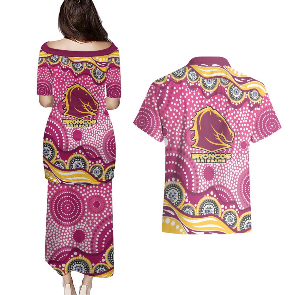 Brisbane Broncos Couples Matching Puletasi and Hawaiian Shirt Aboriginal Dot Pattern - Rugby Mascot Heritage Pride