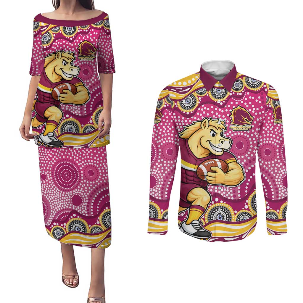 Brisbane Broncos Couples Matching Puletasi and Long Sleeve Button Shirt Aboriginal Dot Pattern - Rugby Mascot Heritage Pride