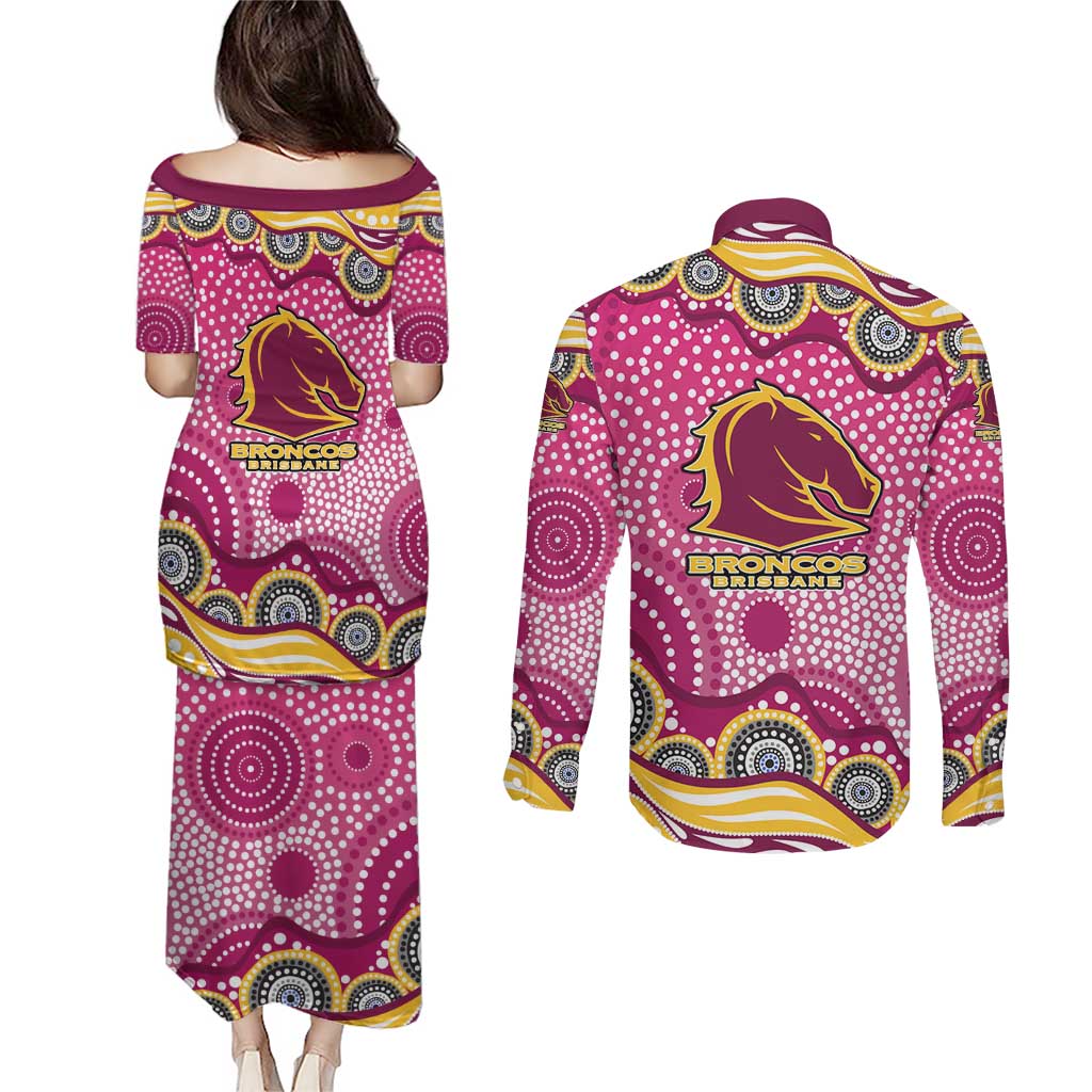 Brisbane Broncos Couples Matching Puletasi and Long Sleeve Button Shirt Aboriginal Dot Pattern - Rugby Mascot Heritage Pride