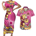 Brisbane Broncos Couples Matching Short Sleeve Bodycon Dress and Hawaiian Shirt Aboriginal Dot Pattern - Rugby Mascot Heritage Pride