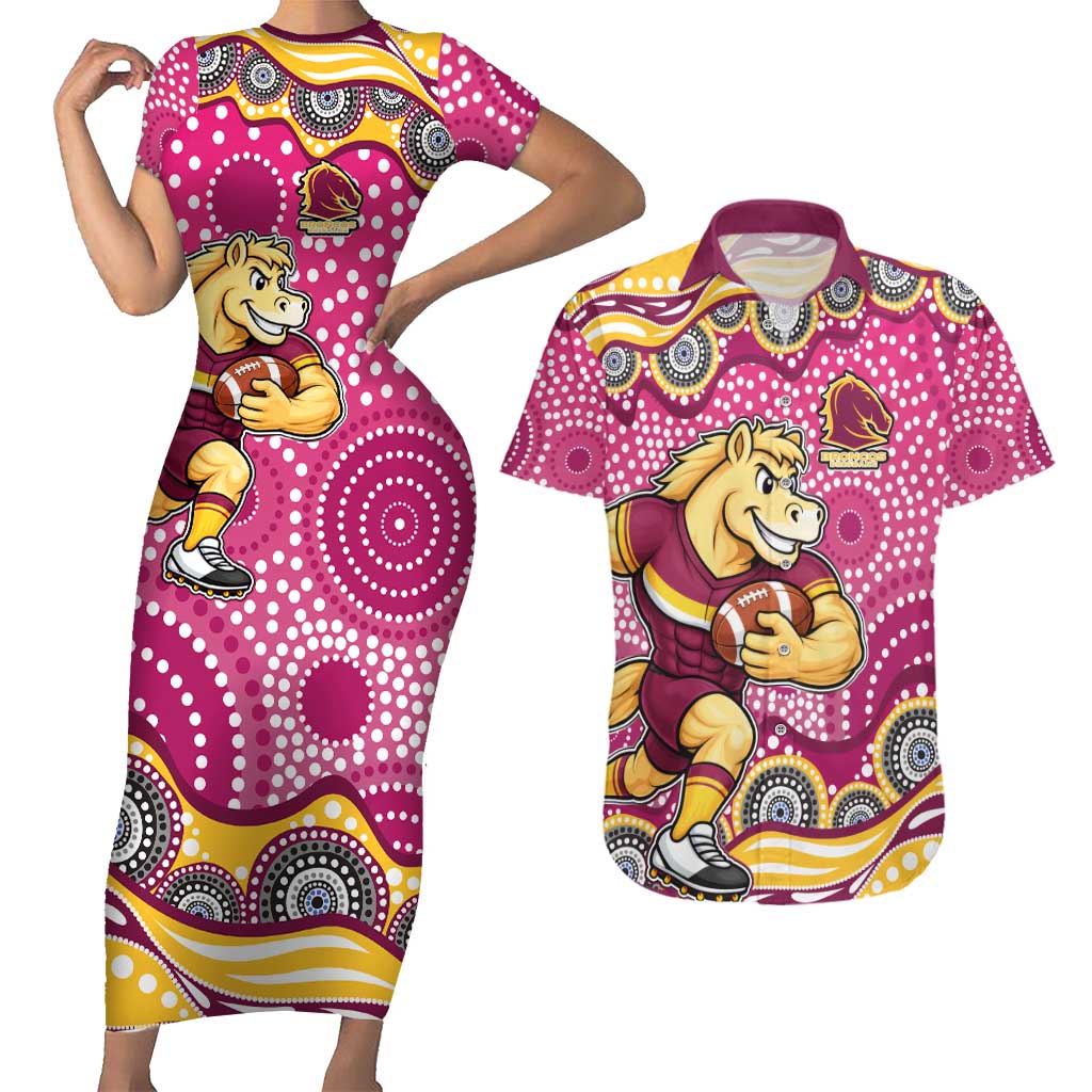 Brisbane Broncos Couples Matching Short Sleeve Bodycon Dress and Hawaiian Shirt Aboriginal Dot Pattern - Rugby Mascot Heritage Pride