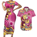 Brisbane Broncos Couples Matching Short Sleeve Bodycon Dress and Hawaiian Shirt Aboriginal Dot Pattern - Rugby Mascot Heritage Pride