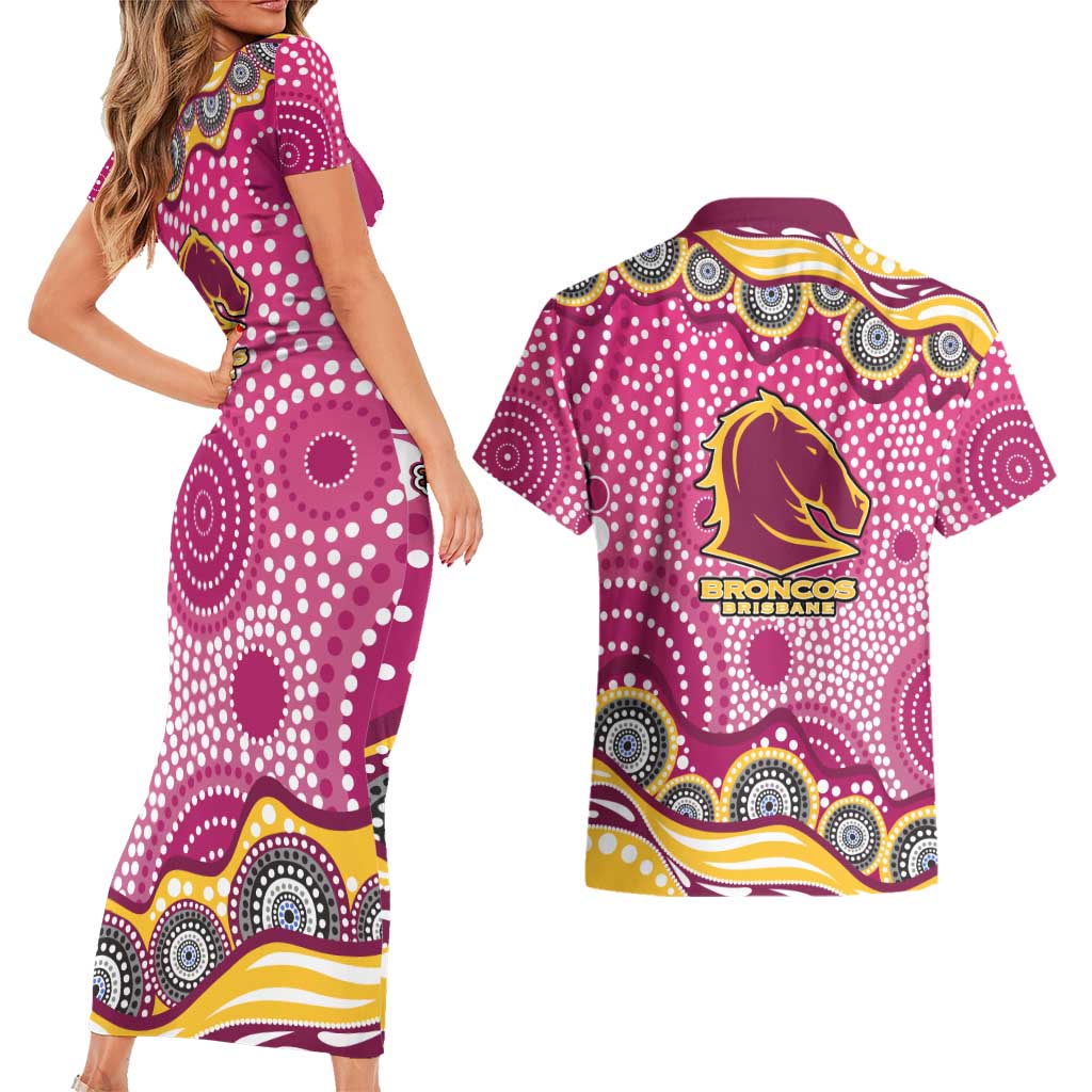 Brisbane Broncos Couples Matching Short Sleeve Bodycon Dress and Hawaiian Shirt Aboriginal Dot Pattern - Rugby Mascot Heritage Pride