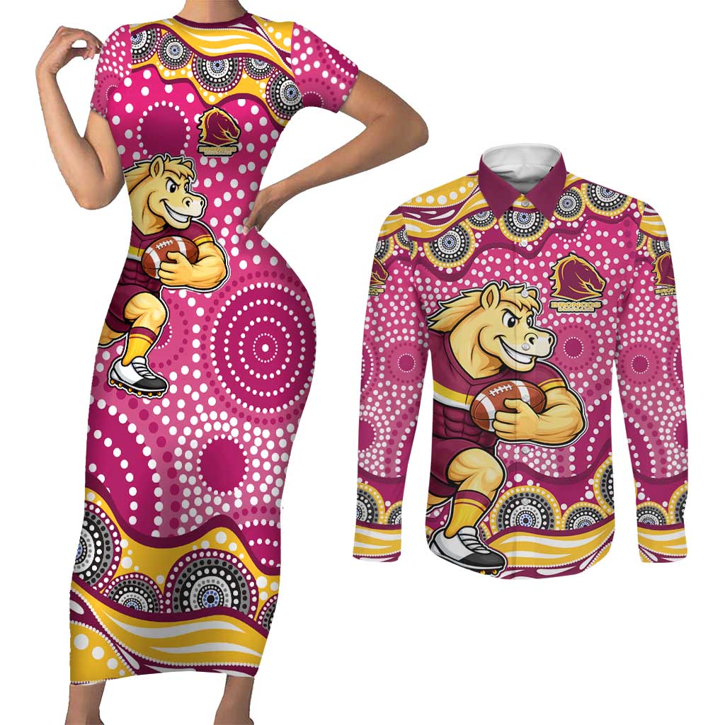 Brisbane Broncos Couples Matching Short Sleeve Bodycon Dress and Long Sleeve Button Shirt Aboriginal Dot Pattern - Rugby Mascot Heritage Pride