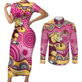 Brisbane Broncos Couples Matching Short Sleeve Bodycon Dress and Long Sleeve Button Shirt Aboriginal Dot Pattern - Rugby Mascot Heritage Pride