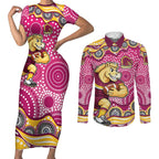 Brisbane Broncos Couples Matching Short Sleeve Bodycon Dress and Long Sleeve Button Shirt Aboriginal Dot Pattern - Rugby Mascot Heritage Pride
