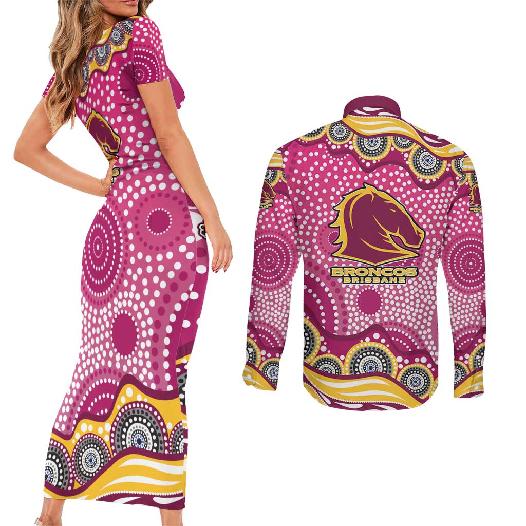 Brisbane Broncos Couples Matching Short Sleeve Bodycon Dress and Long Sleeve Button Shirt Aboriginal Dot Pattern - Rugby Mascot Heritage Pride
