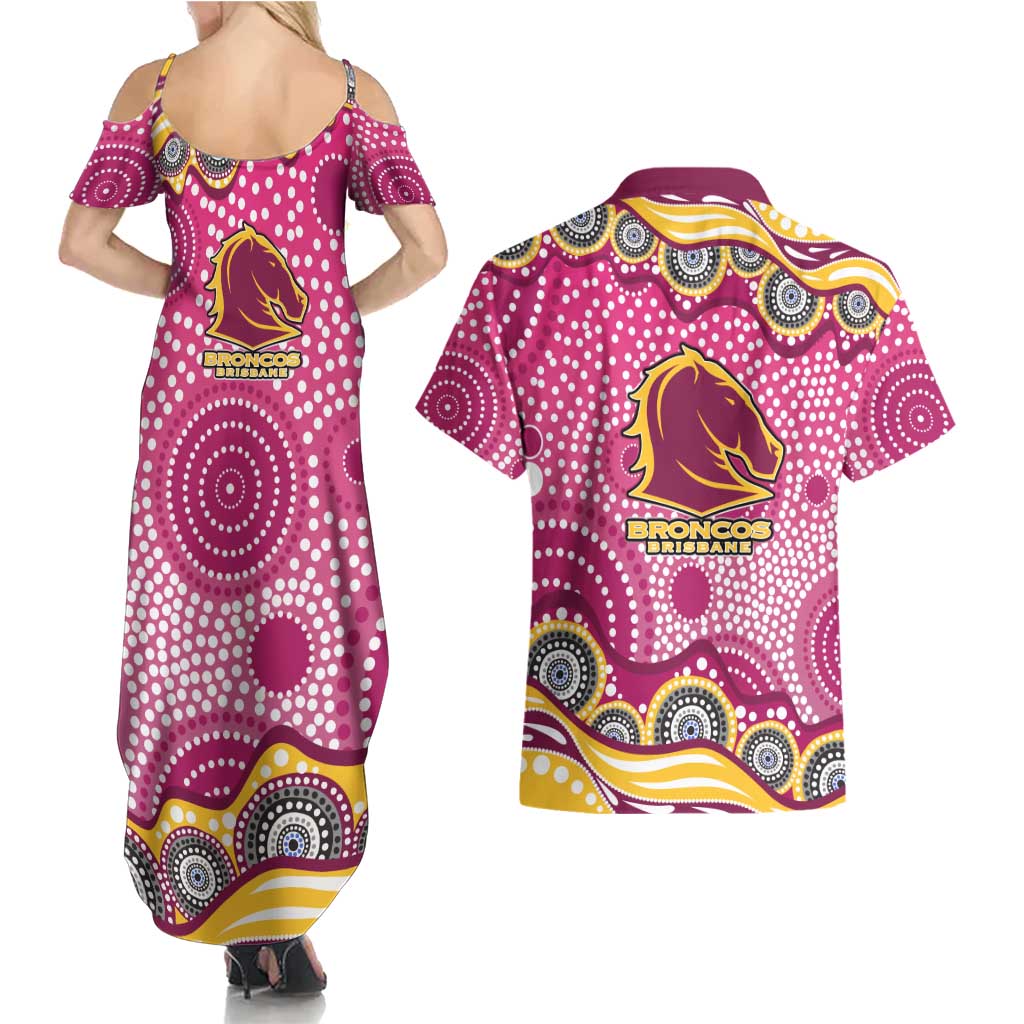Brisbane Broncos Couples Matching Summer Maxi Dress and Hawaiian Shirt Aboriginal Dot Pattern - Rugby Mascot Heritage Pride