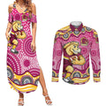 Brisbane Broncos Couples Matching Summer Maxi Dress and Long Sleeve Button Shirt Aboriginal Dot Pattern - Rugby Mascot Heritage Pride