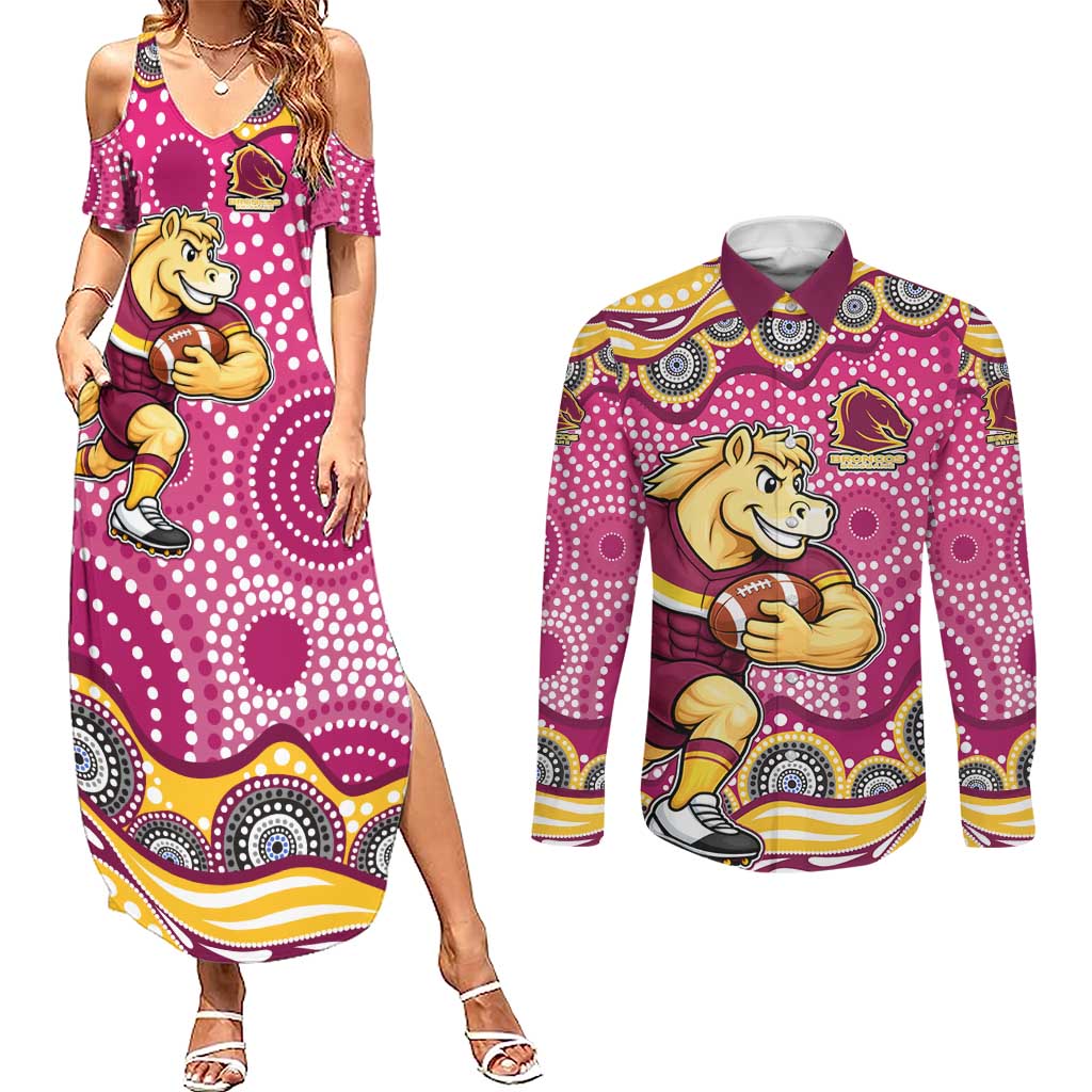 Brisbane Broncos Couples Matching Summer Maxi Dress and Long Sleeve Button Shirt Aboriginal Dot Pattern - Rugby Mascot Heritage Pride