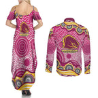 Brisbane Broncos Couples Matching Summer Maxi Dress and Long Sleeve Button Shirt Aboriginal Dot Pattern - Rugby Mascot Heritage Pride