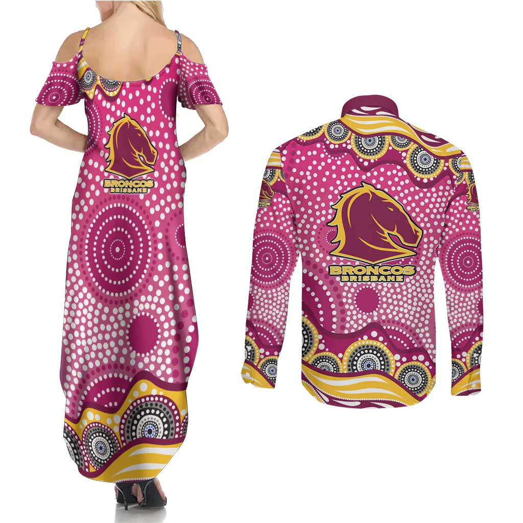 Brisbane Broncos Couples Matching Summer Maxi Dress and Long Sleeve Button Shirt Aboriginal Dot Pattern - Rugby Mascot Heritage Pride