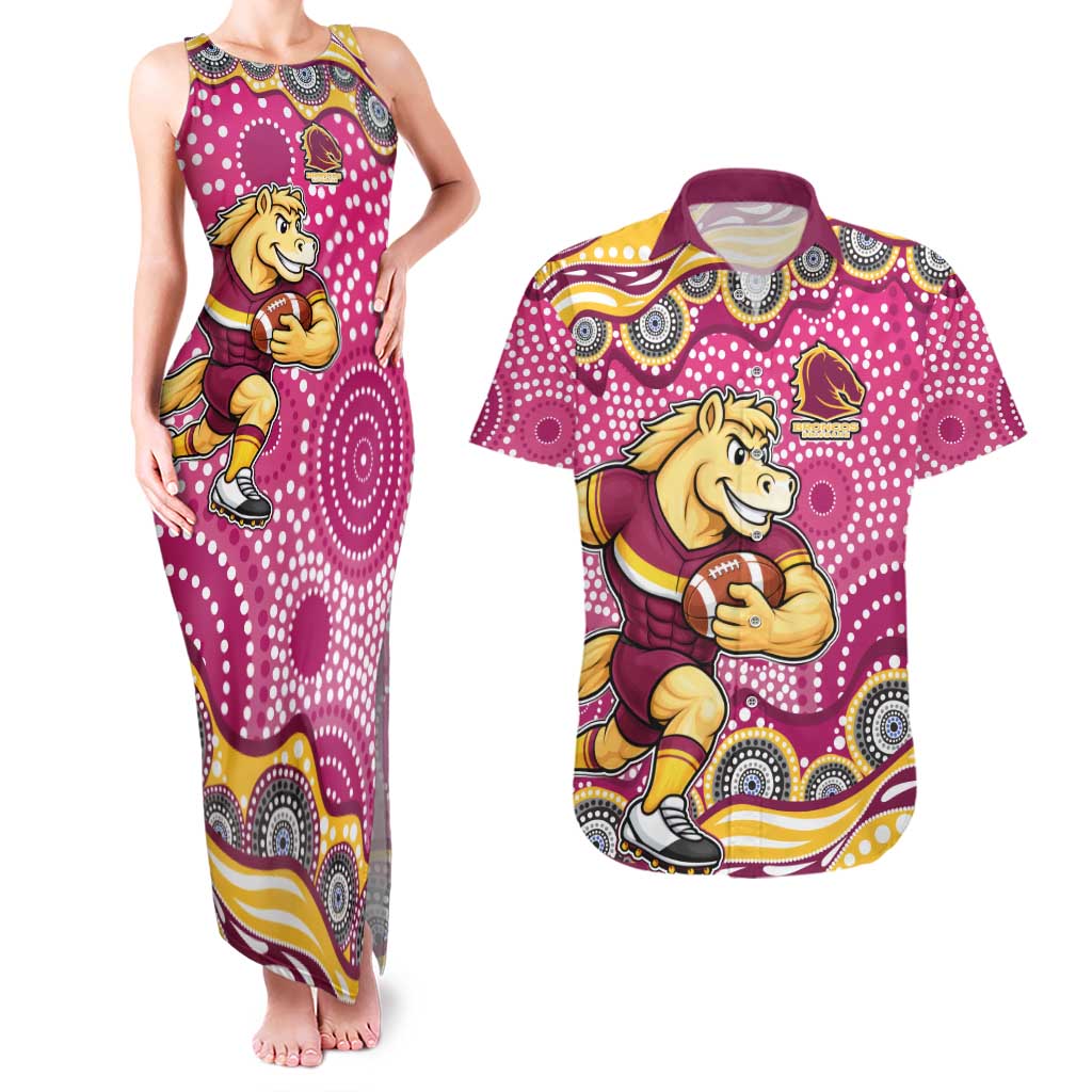Brisbane Broncos Couples Matching Tank Maxi Dress and Hawaiian Shirt Aboriginal Dot Pattern - Rugby Mascot Heritage Pride