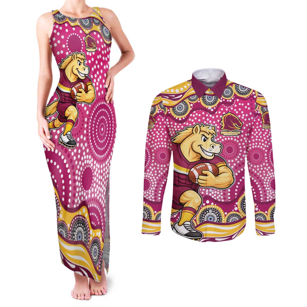 Brisbane Broncos Couples Matching Tank Maxi Dress and Long Sleeve Button Shirt Aboriginal Dot Pattern - Rugby Mascot Heritage Pride